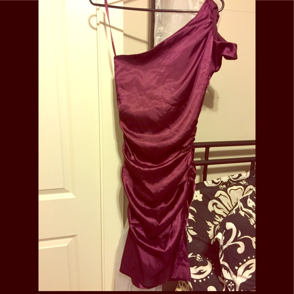 le chateau One-Shoulder Ruched Satin Dress in Plum